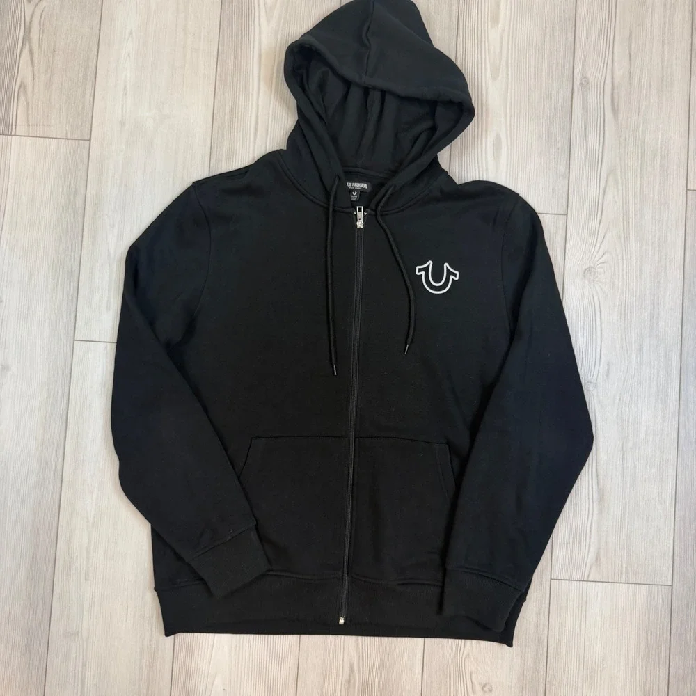 True Religion Mens Old Skool Zip Hoodie Black Fleece Graphic Sweatshirt XL